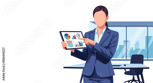 Vector illustration of a confident businesswoman presenting ideas on a tablet, symbolizing modern leadership, innovation, and stylish professional life in flat vector style
