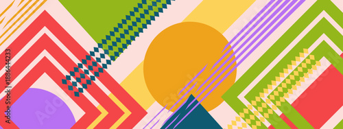 Dynamic abstract composition of diagonal squares and lines featuring a central orange sun element