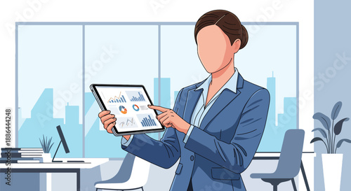 Vector illustration of a confident businesswoman presenting ideas on a tablet, symbolizing modern leadership, innovation, and stylish professional life in flat vector style