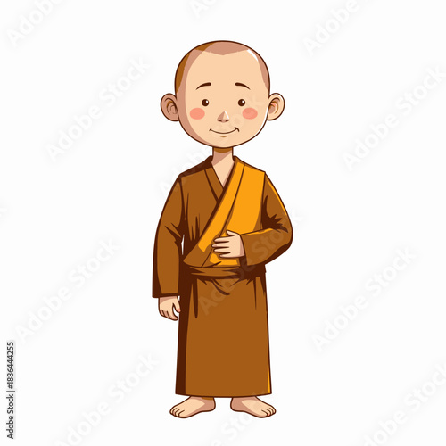 Illustration of a Smiling Young Monk in Traditional Orange and Brown Robe with Bald Head and Bare Feet on a White Background