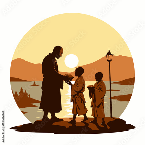 Daily Ritual of Monks: Offering Ceremony by the Serene Lakeside at Sunrise with a Peaceful Atmosphere Amidst Nature and Scenic Mountain Views