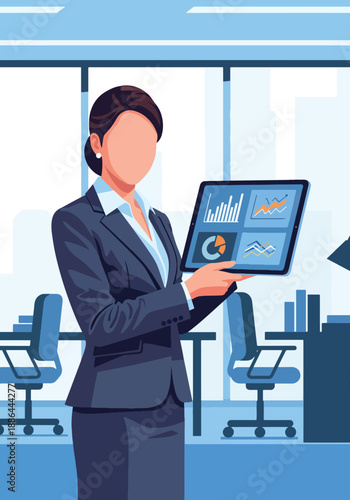 Vector illustration of a confident businesswoman presenting ideas on a tablet, symbolizing modern leadership, innovation, and stylish professional life in flat vector style