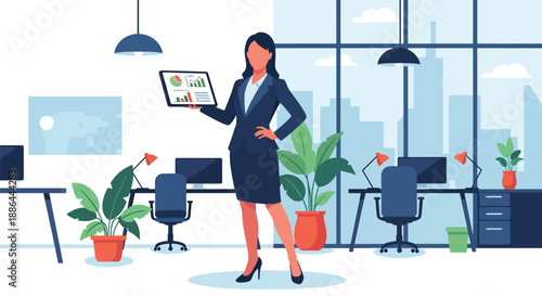 Vector illustration of a confident businesswoman presenting ideas on a tablet, symbolizing modern leadership, innovation, and stylish professional life in flat vector style