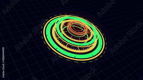 Circular HUD Scanner with Rotating Digital Rings and Futuristic Radar Interface Animation. A futuristic holographic advanced HUD circle platform Business, network background concept