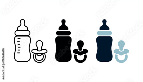Baby bottles and pacifiers in black and blue on white background baby feeding infant care bottle feeding 