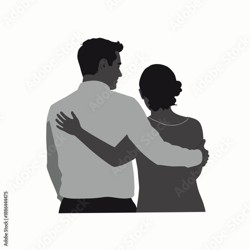 Silhouette of a Couple Embracing from Behind with a Sense of Comfort and Togetherness in a Minimalistic Black and White Illustration
