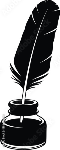 Black feather quill pen in inkwell on for writing and drawing
