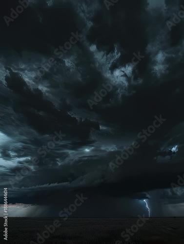 Dramatic, dark storm clouds over a flat landscape, light breaks through