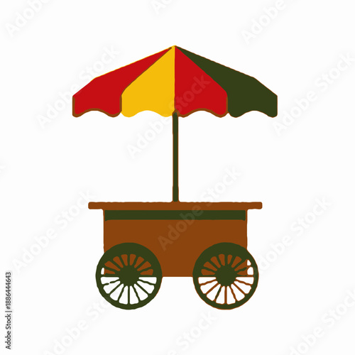 Colorful Vintage Style Vendor Cart with Bright Canopy and Wooden Wheels Ideal for Outdoor Markets