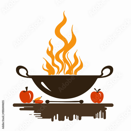 Elegant Illustration of a Sizzling Hot Cauldron with Fresh Apples and Vegetables on Wooden Table