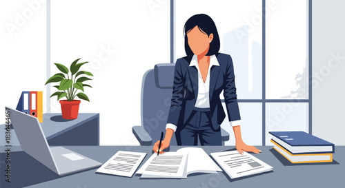 Vector illustration of a stylish businesswoman reviewing documents at her desk, highlighting focus, productivity, and modern professional lifestyle in flat vector style