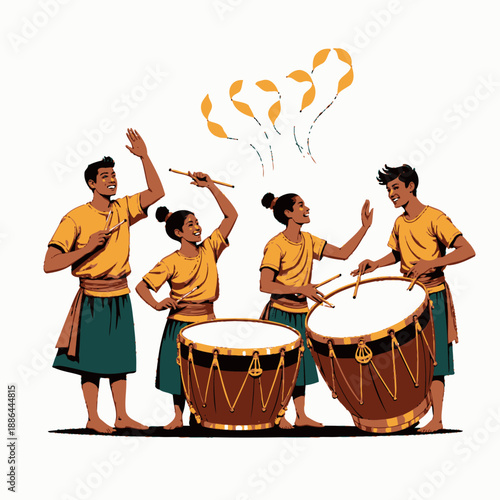 Joyful Group of Drummers Celebrating with Music and Dance in Traditional Attire Around Large Drums with Flying Streamers Above on a Bright Day