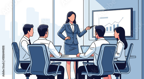 Vector illustration of a female entrepreneur beside a presentation board, expressing strategic thinking and modern leadership in flat vector style