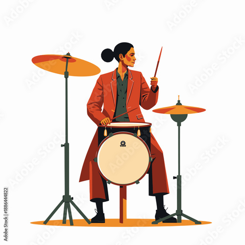 Female drummer wearing red suit enthusiastically playing a percussion kit with cymbals, sitting on a chair, capturing the essence of rhythmic performance and musical artistry