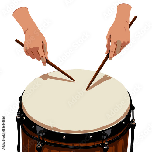 Vibrant Close-Up of Hands Skillfully Playing a Wooden Drum with Sticks Capturing the Rhythmic Essence of Percussion and Musical Harmony
