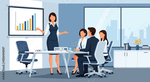 Vector illustration of a female entrepreneur beside a presentation board, expressing strategic thinking and modern leadership in flat vector style