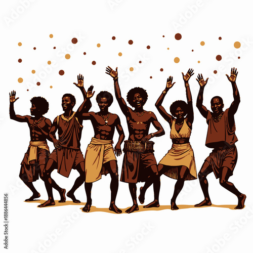 Celebration of Life: A Joyful Group Dance Expressing Cultural Heritage and Unity with Vibrant Expressions and Energetic Movements Amidst Floating Colorful Circles