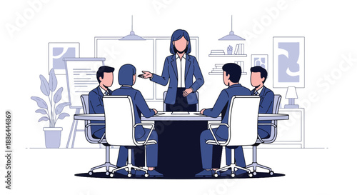 Vector illustration of a confident woman leading a meeting, symbolizing authority, elegance, and modern corporate leadership in flat vector style
