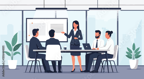 Vector illustration of a female entrepreneur beside a presentation board, expressing strategic thinking and modern leadership in flat vector style