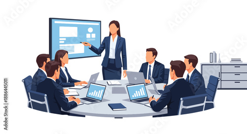 Vector illustration of a confident woman leading a meeting, symbolizing authority, elegance, and modern corporate leadership in flat vector style
