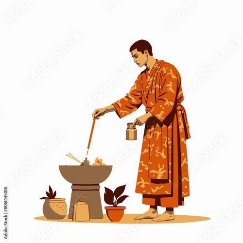 Illustration of a Monk in Traditional Robes Tending to a Sacred Fire Ritual with Incense and Decorative Elements