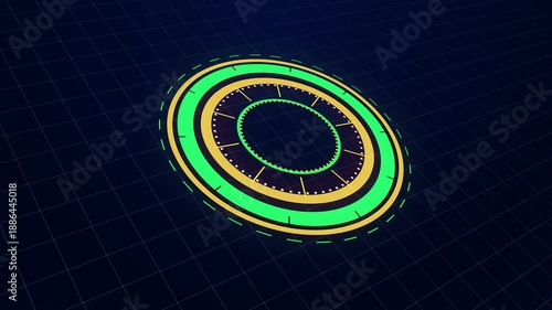 Futuristic Data Visualization HUD with Circular Metrics and Digital Rotation