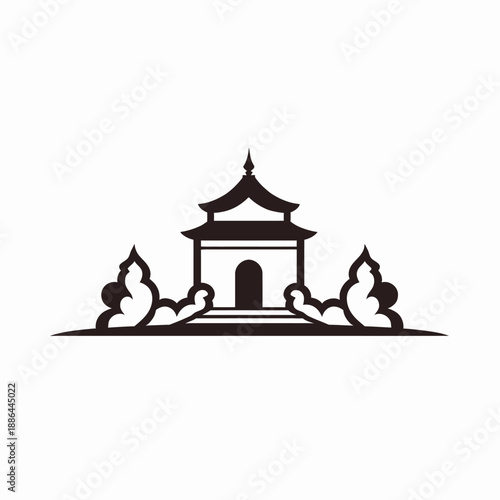 Silhouette of Traditional Pagoda with Elegant Curved Rooflines Surrounded by Stylized Bushes Depicts Serenity and Architectural Beauty in Asian Art Design