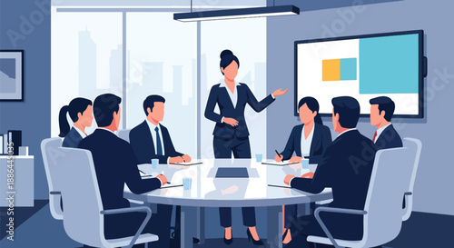 Vector illustration of a confident woman leading a meeting, symbolizing authority, elegance, and modern corporate leadership in flat vector style