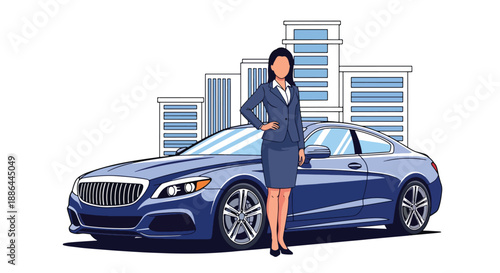 ector illustration of a businesswoman beside a luxury car, showing success, elegance, and high-end business lifestyle in flat vector style
