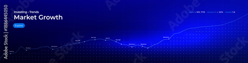 Financial analytics business growth chart digital background, blue rising bars, increase arrow and candlesticks concept for fintech, market trends, predictive investment insights. Vector illustration.