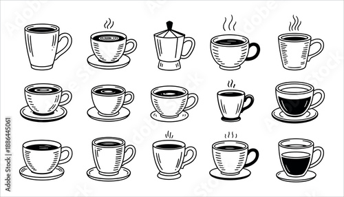 Black and white of various coffee cups and a coffee maker mugs solid in white background