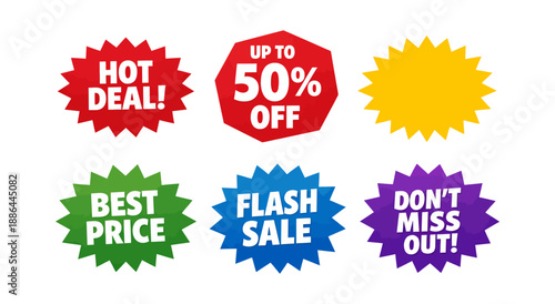 Graphic promotion labels set featuring various discount messages and a blank starburst for retail marketing