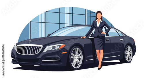 ector illustration of a businesswoman beside a luxury car, showing success, elegance, and high-end business lifestyle in flat vector style