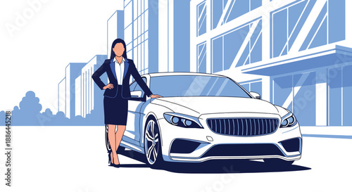 ector illustration of a businesswoman beside a luxury car, showing success, elegance, and high-end business lifestyle in flat vector style