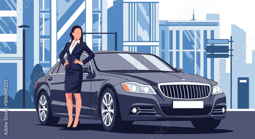 ector illustration of a businesswoman beside a luxury car, showing success, elegance, and high-end business lifestyle in flat vector style