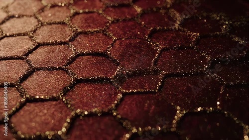 Close-up of textured red surface with hexagonal pattern and shimmering highlights