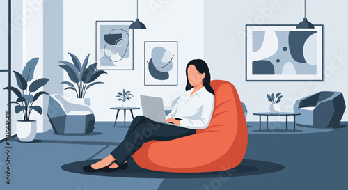 Vector illustration of a young executive relaxing in an office lounge with a laptop, blending comfort, style, and modern work lifestyle in flat vector design