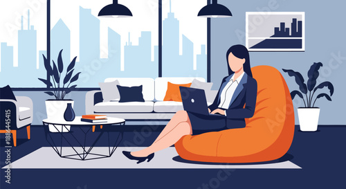Vector illustration of a young executive relaxing in an office lounge with a laptop, blending comfort, style, and modern work lifestyle in flat vector design