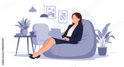Vector illustration of a young executive relaxing in an office lounge with a laptop, blending comfort, style, and modern work lifestyle in flat vector design