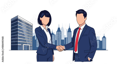 Vector illustration of a smiling businesswoman closing a deal, handshake, showing confidence, success, and modern professional charm in flat vector style