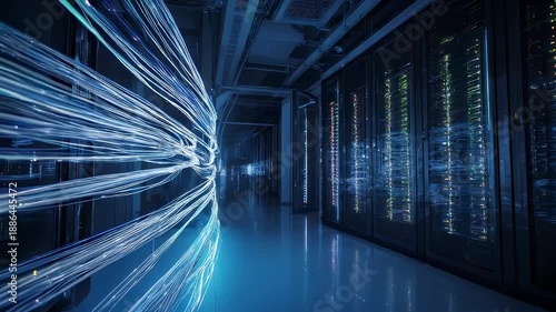 A digital data flow streams through a server room corridor