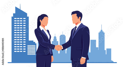 Vector illustration of a smiling businesswoman closing a deal, handshake, showing confidence, success, and modern professional charm in flat vector style
