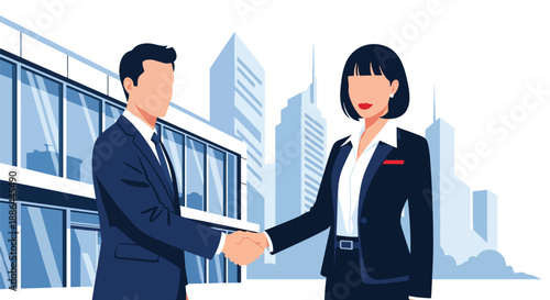 Vector illustration of a smiling businesswoman closing a deal, handshake, showing confidence, success, and modern professional charm in flat vector style
