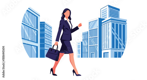 Vector illustration of a stylish young businesswoman walking confidently through the city, showing elegance, ambition, and modern female leadership in flat vector design