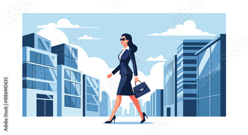Vector illustration of a stylish young businesswoman walking confidently through the city, showing elegance, ambition, and modern female leadership in flat vector design