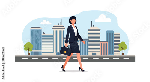 Vector illustration of a stylish young businesswoman walking confidently through the city, showing elegance, ambition, and modern female leadership in flat vector design