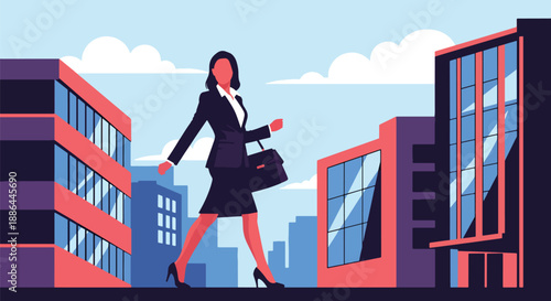 Vector illustration of a stylish young businesswoman walking confidently through the city, showing elegance, ambition, and modern female leadership in flat vector design