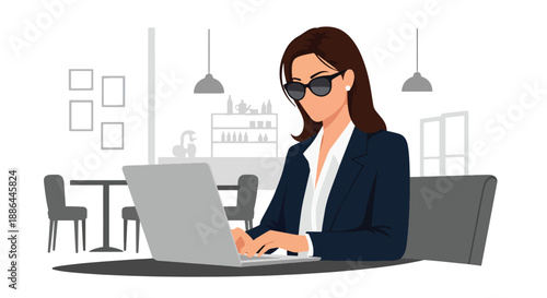 Vector illustration of a young female entrepreneur working on a laptop in a chic café, blending business lifestyle, confidence, and urban success in flat vector style