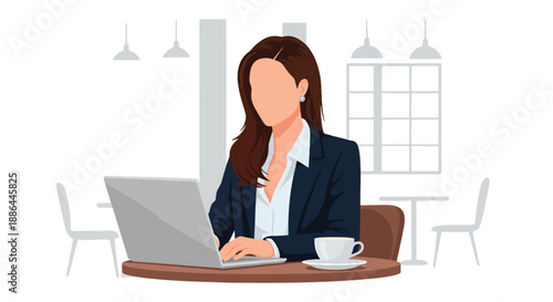 Vector illustration of a young female entrepreneur working on a laptop in a chic café, blending business lifestyle, confidence, and urban success in flat vector style