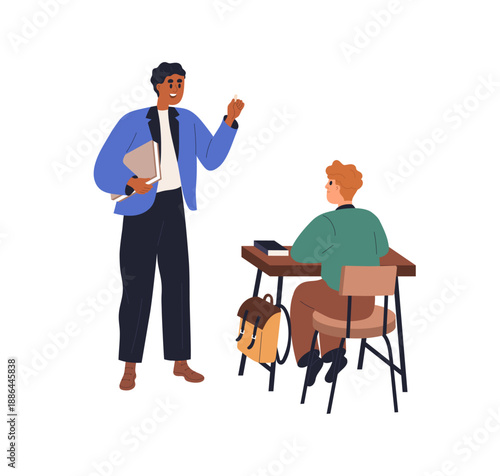 Teacher and school student. Communication, education, learning concept. Man teaching, explaining to schoolkid, boy sitting at desk and studying. Flat vector illustration isolated on white background